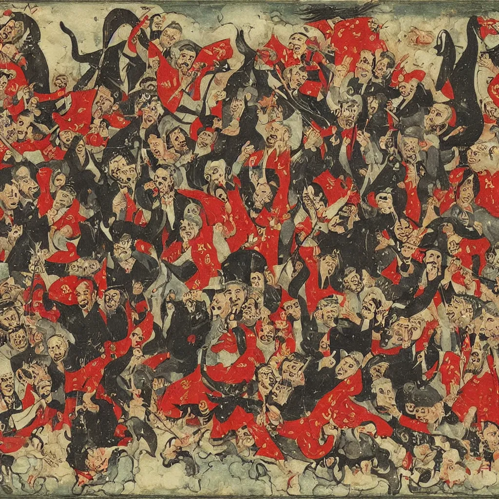 Prompt: Recep Tayyip Erdoğan and Devil having a launch in hell, Ottoman miniature style