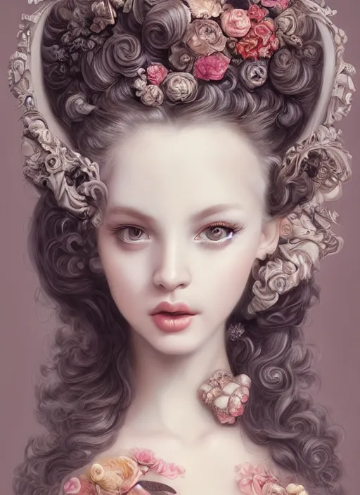 Prompt: pop surrealism, rococo, baroque hair, young female bird seductive - fine - face, pretty face, key visual, realistic shaded perfect face, fine details by stanley artgerm lau, wlop, mark ryden, trevor brown, andrei riabovitchev, marc simonetti, and sakimichan, trending on artstation