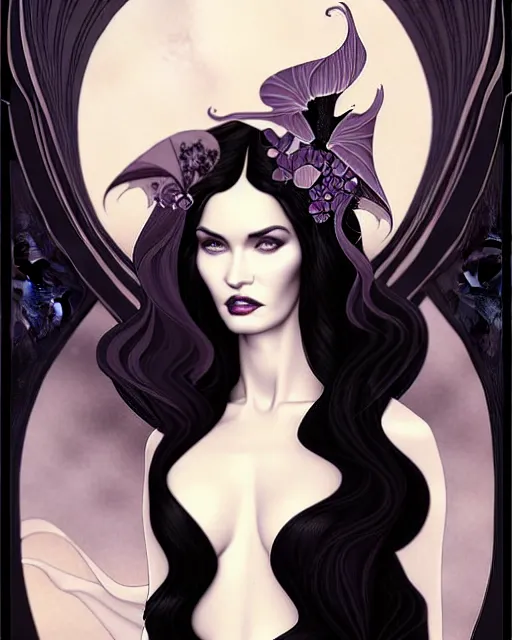 Image similar to new art nouveau portrait of fantasy succubus megan fox wearing a black gown in the style of anna dittmann, patrick nagle, charlie bowater and loish. long windblown hair, very large, clear, expressive, and intelligent eyes. symmetrical, centered, ultrasharp focus, dramatic lighting, photorealistic digital matte painting, intricate ultra detailed background.