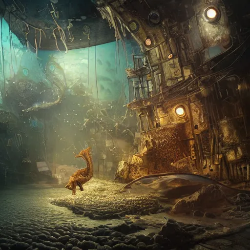 Prompt: a seafloor view of a seahorse swimming on the street corner of the steampunk city of Atlantis by Cedric Peyravernay, highly detailed, full view of seahorse, excellent composition, cinematic concept art, dramatic lighting, trending on ArtStation