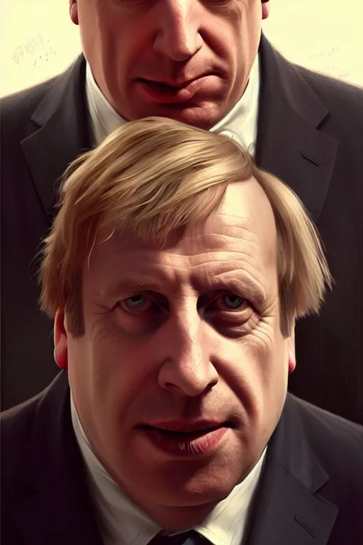 Image similar to Boris Johnson as Saul Goodman, Better Call Saul ad, realistic portrait, symmetrical, highly detailed, digital painting, artstation, concept art, smooth, sharp focus, illustration, cinematic lighting, art by artgerm and greg rutkowski and alphonse mucha