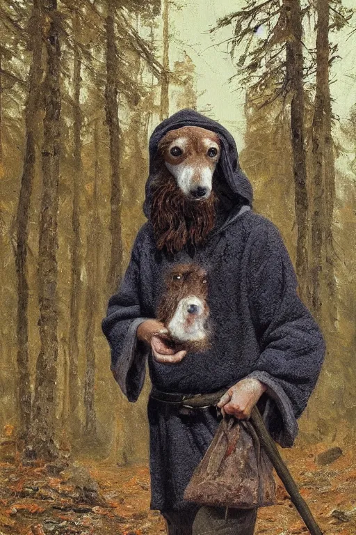 Prompt: Slavic dog head man, woolen torso in medieval clothes, walking in the forest, Orthodox Saint Christopher, oil painting, magic lights, painting by Viktor Vasnetsov, concept art, painting by Ivan Shishkin, hyperborea, beautiful dog head, hyperrealism, beautiful, high resolution, trending on artstation,