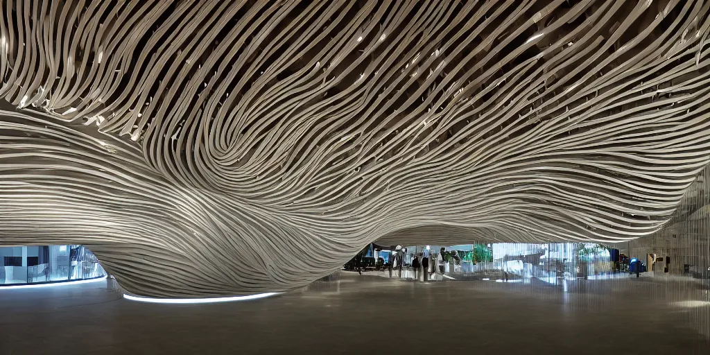 Prompt: detailed stunning curvilinear museum interior with water centered sculpture piece and led strips