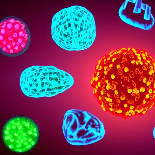 Image similar to 3d cells showing a cancer , neon lights on a science paper, cell journal, cell biology, nature journal, science