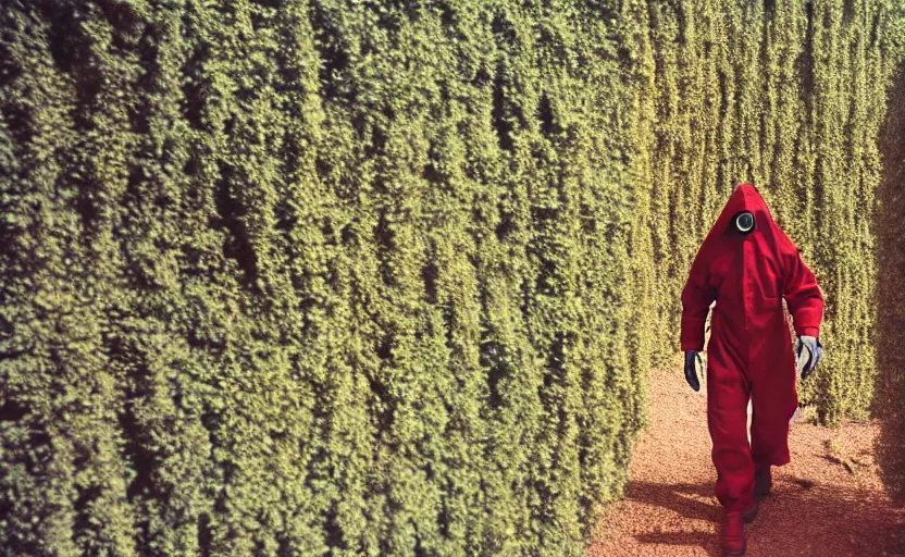 Prompt: cinestill 5 0 d photographic portrait by helen levitt of dark red hazmat scientists with guns walking through a brutalist hedge maze, extreme closeup, cinematic, modern cyberpunk, dust storm, 8 k, hd, high resolution, 3 5 mm, f / 3 2, tenet