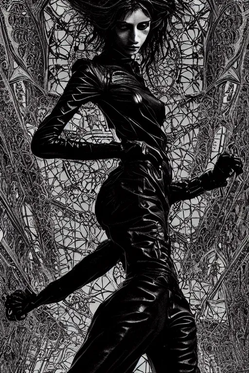 Image similar to dreamy gothic girl, black leather slim clothes, attractive and amazing, beautiful woman body, detailed acrylic, grunge, intricate complexity, by dan mumford and by alberto giacometti, peter lindbergh