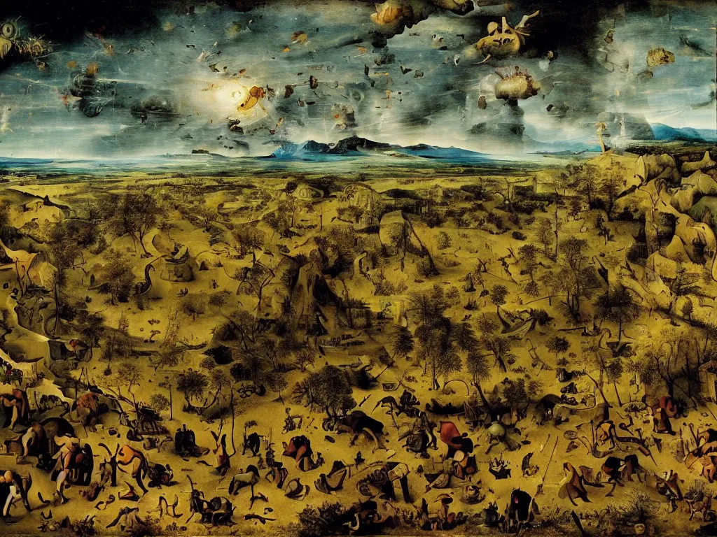 Prompt: Apocalypse by fractals in the shadowy land. Painting by Bruegel