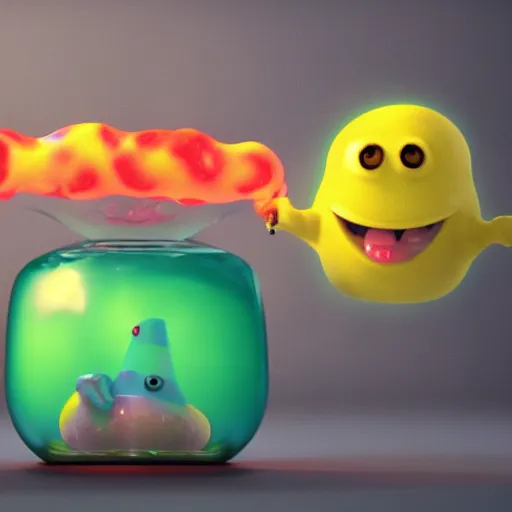 Image similar to single lava lamp with a gelatinous cute happy creature positioned inside, playful, globules, 8 k, render by pixar