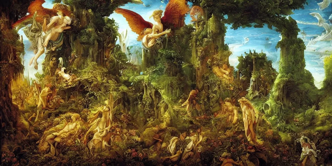 Prompt: a fountain in the garden of a medieval castle, ethereal angels descending from heaven, epic, lush, fantasy art, renaissance art, neorenaissance, classical art, by thomas thiemeyer, by patrick woodroffe, by albrecht altdorfer, by paul lehr