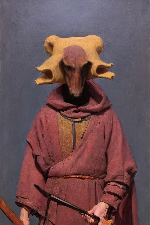 Image similar to slavic dog head man, woolen torso in medieval clothes, holding a weapon, orthodox, oil painting, concept art, hyperrealism, beautiful, high resolution, trending on artstation, by annie swynnerton and nicholas roerich, symbolist, soft colors, dramatic lighting, extremely detailed, two hands,