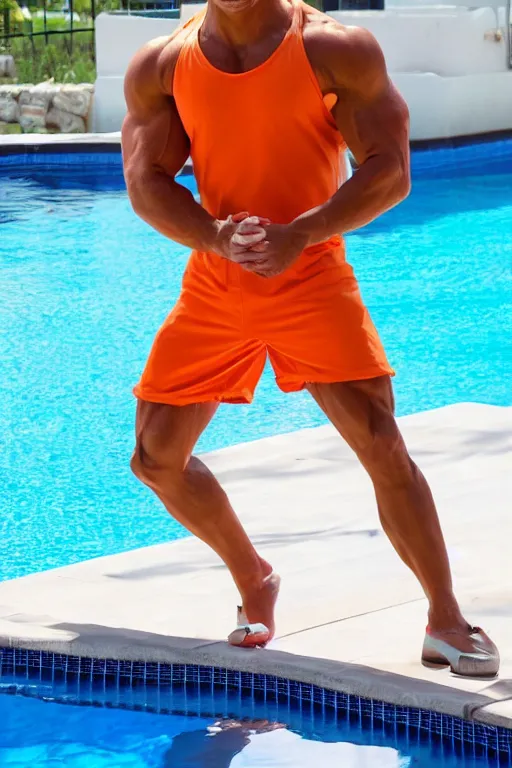 Prompt: a handsome bodybuilder with blonde hair who is also a male android, ken, muscular, wearing a cut-off white crop top and short light orange shorts stands by a swimming pool, shiny skin, robotic