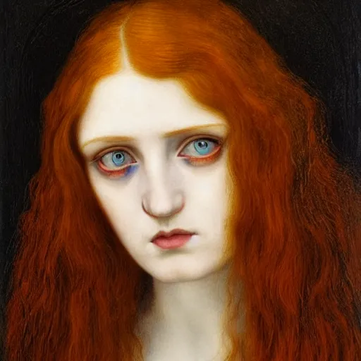 Image similar to A striking Pre-Raphaelite witch with intense eyes and ginger hair