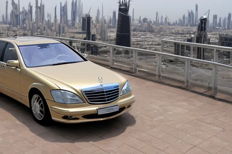 Image similar to gold Mercedes-Benz s500 long in the body 220 (w220) 2002 old year is on the roof of a high-rise building in abu dhabi