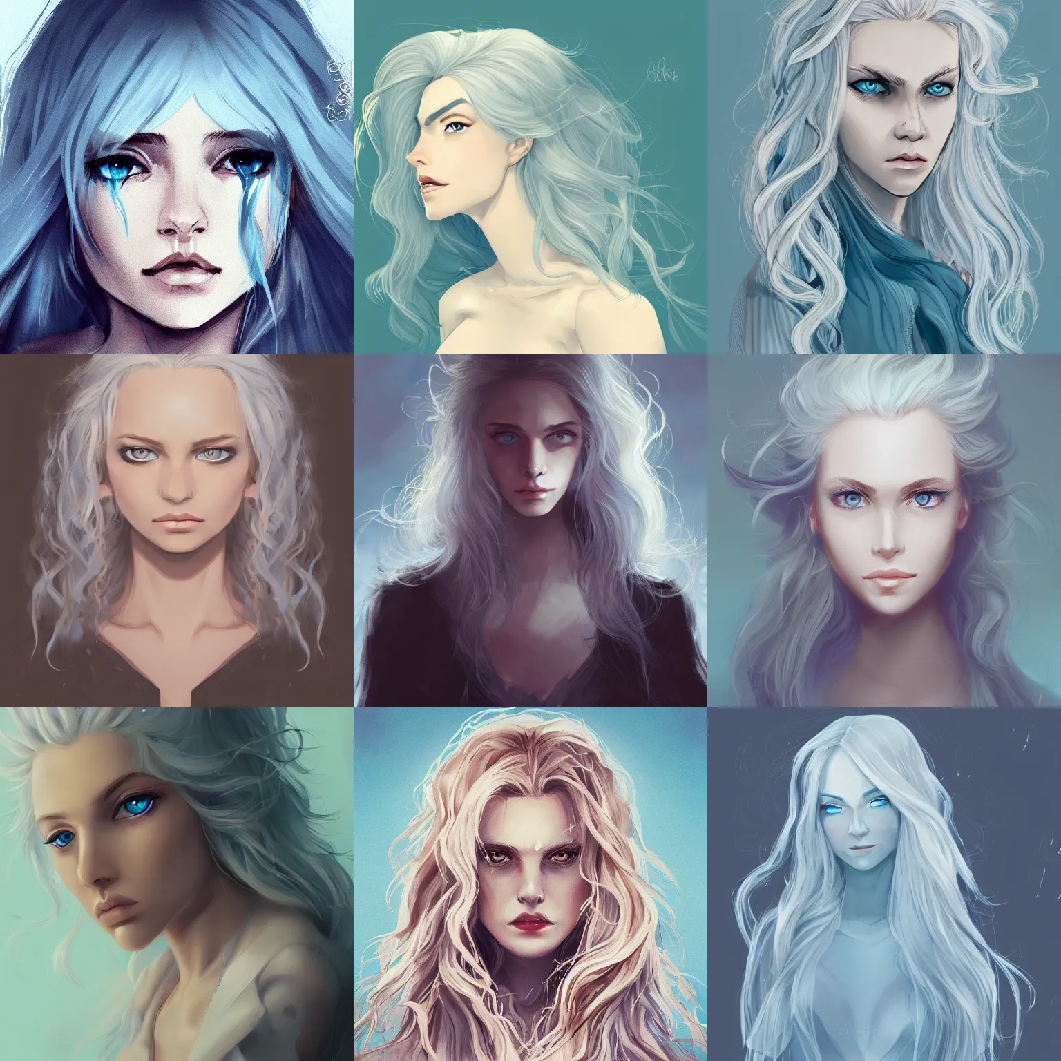 Prompt: woman, messy wavy white hair, light blue eyes, portrait, d & d, character art, matte, sharp focus, illustration, concept art,