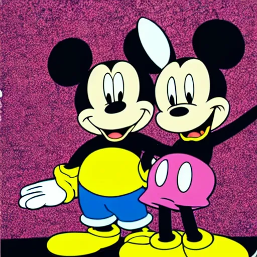 Prompt: mickey mouse and bart simpsons anime manga glitch art pop art by takashi murakami