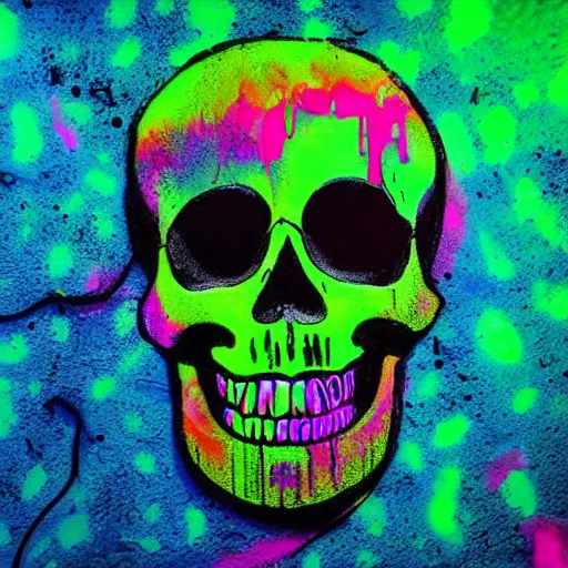 Prompt: Floating Skull, Dripping in neon paint, photorealism, highly detailed, studio photography