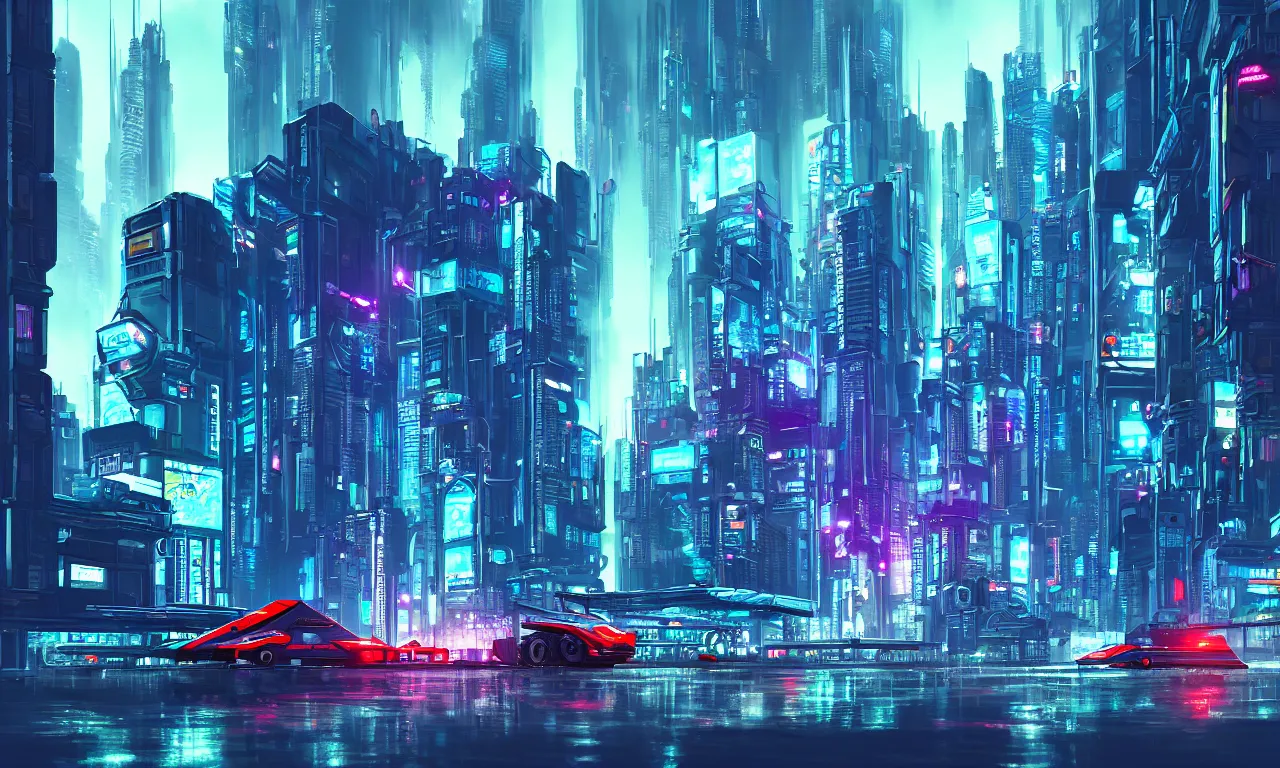 Image similar to cyberpunk night city with flying robot and cybertruck with mutant, digital art, reflections, heavy rain, beautiful concept art, high detail