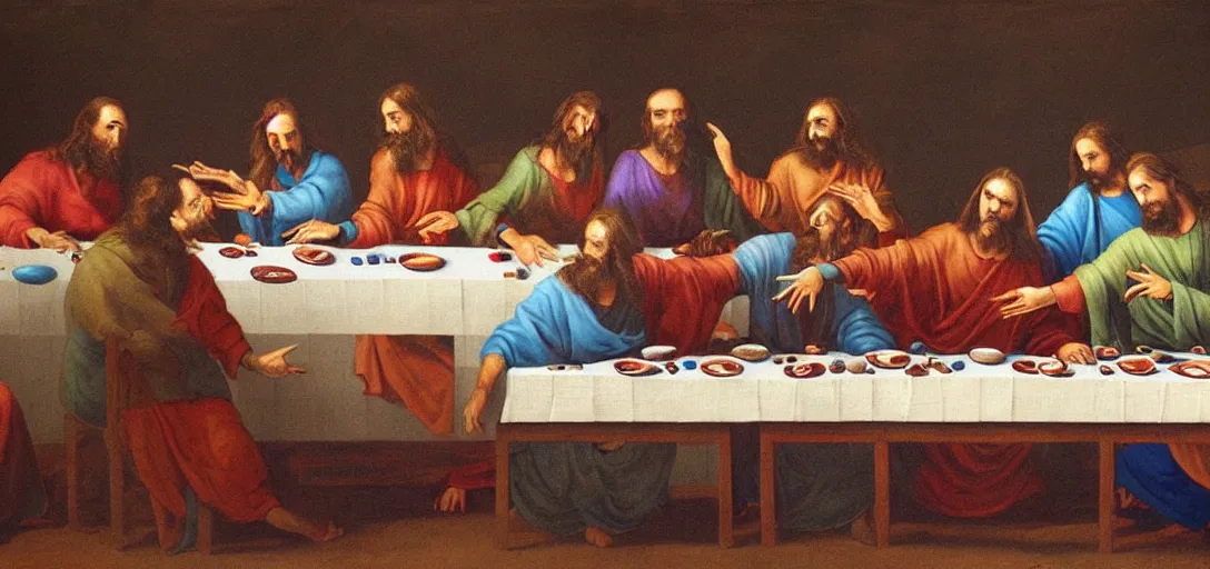 Prompt: a surreal painting of the last supper on the surface of mars