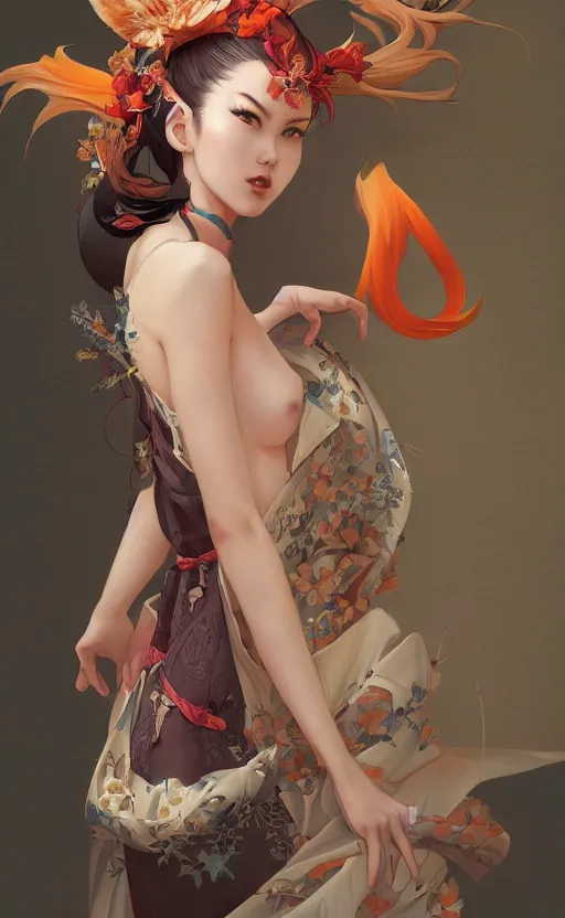 Prompt: An beautiful digital painting of a woman with fox ears and nine tails wearing a kimono, by Stanley Artgerm Lau, WLOP, Rossdraws, James Jean, Andrei Riabovitchev, Marc Simonetti, and Sakimichan, tranding on artstation