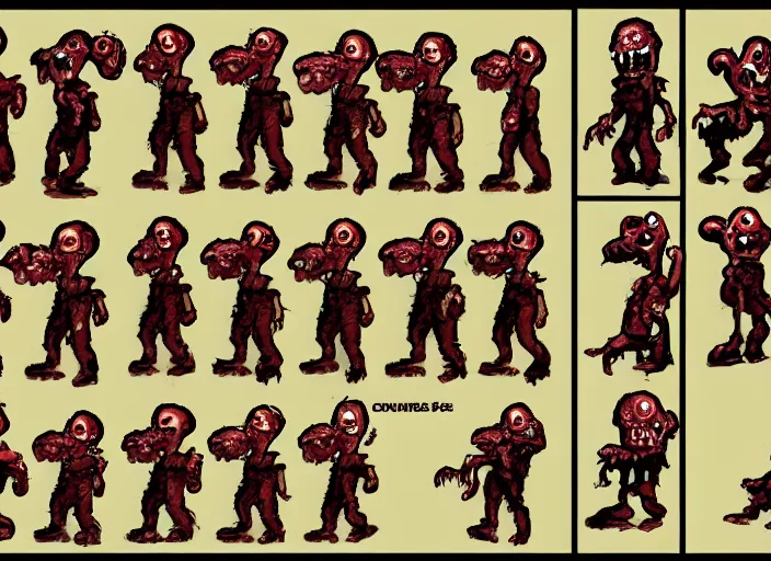 Prompt: sprite sheet of a zombie walking in cuphead, detailed, cartoon, six frames, trending on artstation, video game, game asset, 2 d