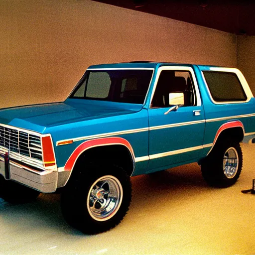 Image similar to 1980 GNX Bronco, inside of an auto dealership, ektachrome photograph, volumetric lighting, f8 aperture, cinematic Eastman 5384 film