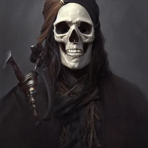 Prompt: masterpiece portrait painting a skull masked old slim pirate lord with a black hat, long beard, long hair, black coat, wooden in by torchlight, by greg rutkowski and noah bradley, trending on artstation