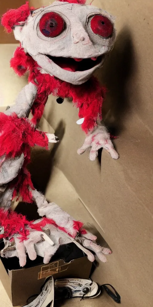 Prompt: a cute and creepy dusty puppet with glowing red eyes coming out of a shoe box full of scraps