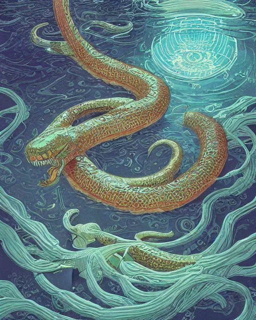 Prompt: a water serpent, digital art, illustrated by james gurney and victo ngai