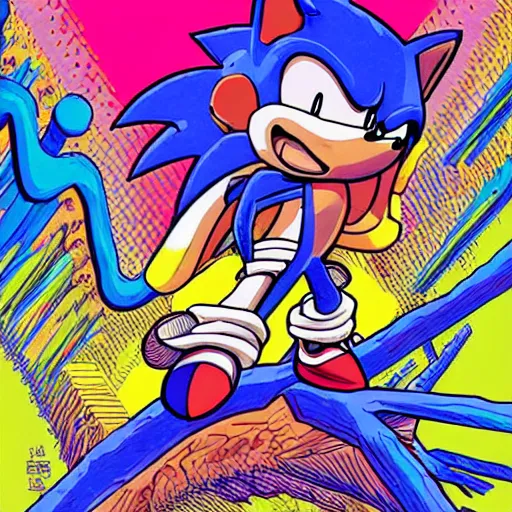 Prompt: a drawing of sonic the hedgehog in the style of sega genesis illustrated by jean giraud!!!!!!!, artwork by josan gonzalez, vaporwave aesthetic