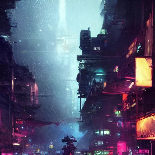 Image similar to a rundown futuristic city scene at night with neon lights and the moon high in the sky and raining, sci fi splash art by craig mullins, greg rutkowski