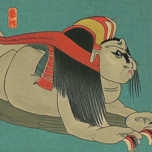 Image similar to a japanese painting of a monstruous sphinx like yokai