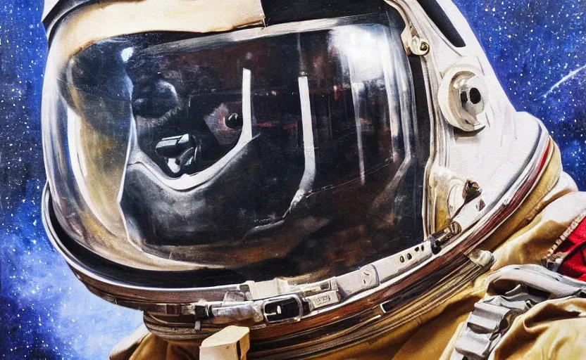 Image similar to oil painting of a racoon in a astronaut suit with helmet, 35mm, photo, Epic, cinematic, highly detailed and intricate