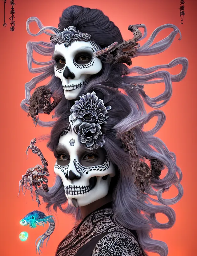 Image similar to 3 d goddess skull half - turn portrait with long hair with ram skull. beautiful intricately detailed japanese crow kitsune mask and clasical japanese kimono. betta fish, jellyfish phoenix, bio luminescent, plasma, ice, water, wind, creature, artwork by tooth wu and wlop and beeple and greg rutkowski