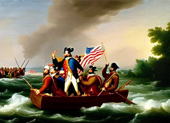 Image similar to oil painting of Washington Crossing the Delaware but everyone is looking at cell phones and Washington is taking a selfie