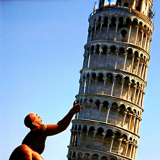 Prompt: king kong helps to straighten the tower of Pisa