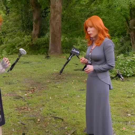 Image similar to stunning live footage of news anchorwoman liz claman reporting from lothlorien interviewing arwen, lord of the rings movie, by daniella zalcman, directed by peter jackson, highly detailed, canon eos r 3, f / 1. 4, iso 2 0 0, 1 / 1 6 0 s, 8 k, raw, symmetrical balance