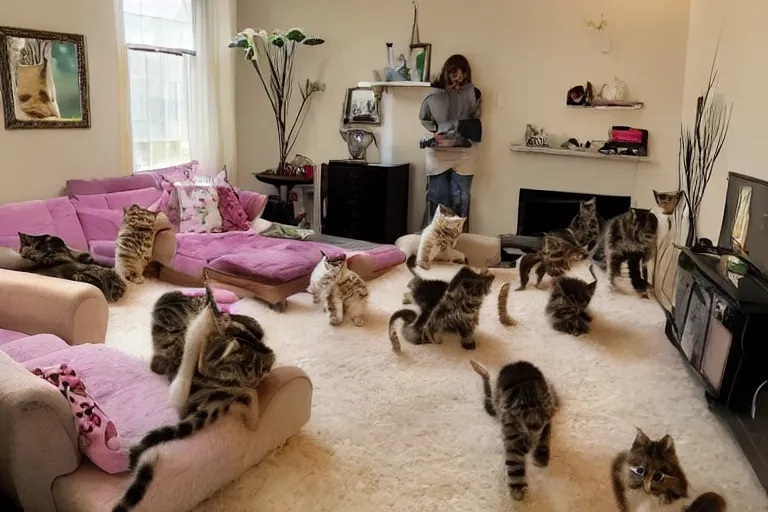 Prompt: a living room full of detailed cute kittens