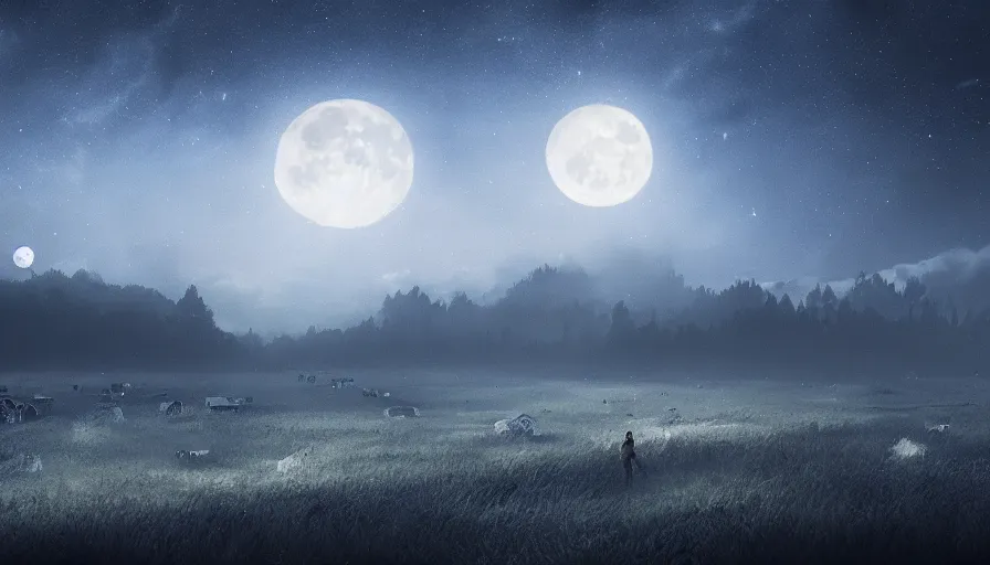 Image similar to a beautiful landscape at night, big moon and stars in the sky, matte painting, dark blue tones, concept art, 4k