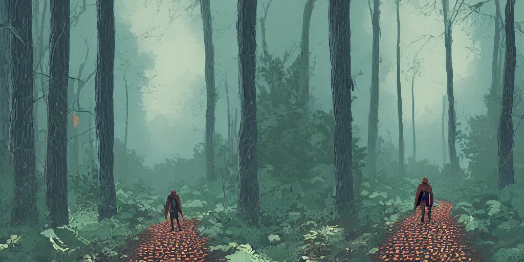 Image similar to a beautiful illustration of a man walking through the forest, he is wearing a cape made out of pinecone scales, by James Gilleard, earthtones, 8k, 4k