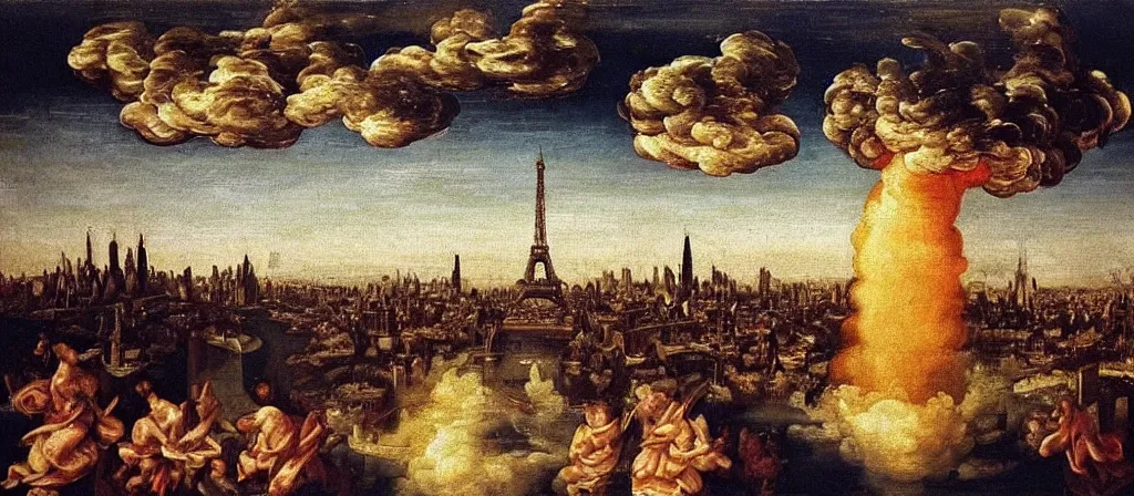 Image similar to nuclear mushroom cloud over the city of paris!!! renaissance painting!! majestic!! sad!