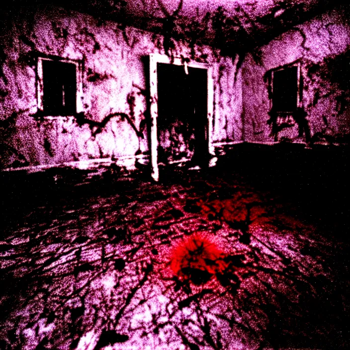 Image similar to unspeakable horrors, nightmare, horror, unknown, dark, liminal space, abandoned house, red eyes, 3 5 mm, found footage, cosmic horror, film shot