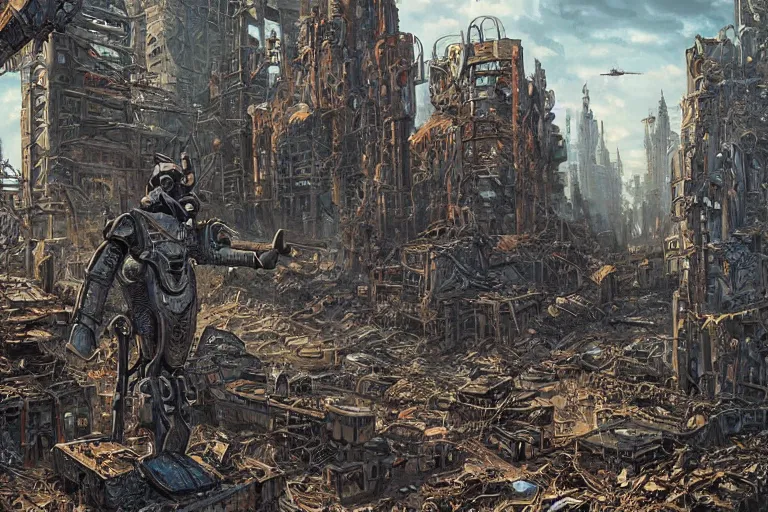 Prompt: colorful retrofuturistic power armor in post apocalyptic ruins of New York City by Joe Fenton and Greg Rutkowski