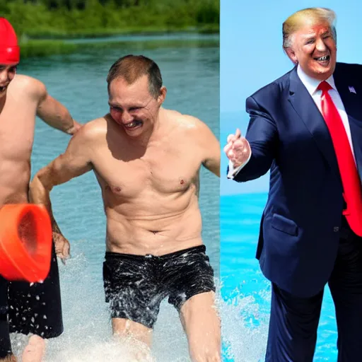 Image similar to putin, trump, obama and bush are swimming while having a water fight while smiling and having a great time