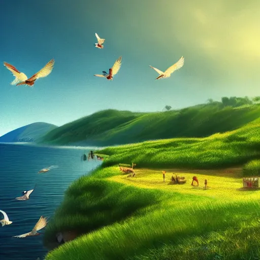 Image similar to a beautiful clean digital art of a landscape with lush green pastures and a beach with birds flying in the sky with white fluffy clouds, a colorful color palette, trending on artstation, 4 k