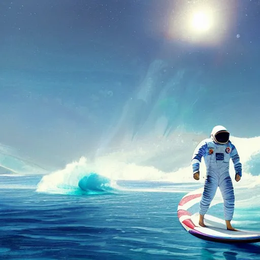 Prompt: a beautiful digital painting of an astronaut in a white and royal blue luxurious space suit surfing a tsunami on a chic surfboard at Pamukkale, thermal waters flowing down gold travertine terraces by greg rutkowski, award winning photo, trending on artstation, highly detailed, unreal engine, octane render