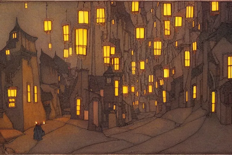 Image similar to winding street at twilight in a very old city by Edmund Dulac and Nicholas Roerich and jean delville, glowing paper lanterns, strong dramatic cinematic lighting , ornate tiled architecture, lost civilizations, smooth, sharp focus, extremely detailed