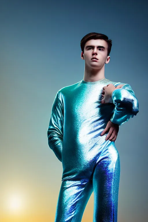 Prompt: un ultra high definition studio quality photographic art portrait of a young man standing on the rooftop of a british apartment building wearing soft loose inflatable padded iridescent pearlescent clothing. three point light. extremely detailed. golden ratio, ray tracing, volumetric light, shallow depth of field. set dressed.