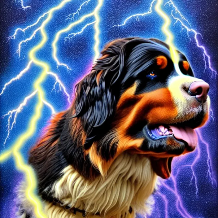 Prompt: a male human - bernese mountain dog hybrid as zeus, shooting lightning bolts from his paws, by alex grey, intricate details, artstation, furry, psychedelic, hd, beautiful