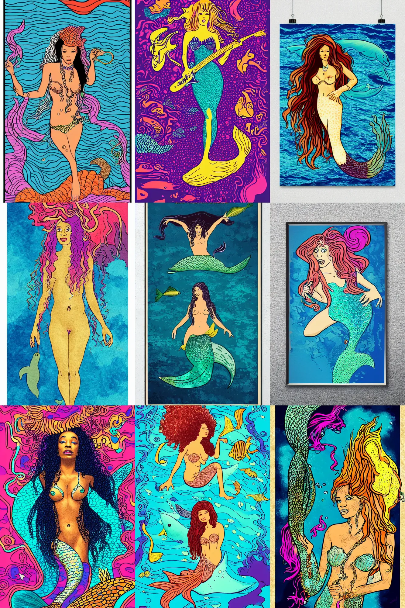 Prompt: illustration of a mermaid under the sea, jimi hendrix style poster