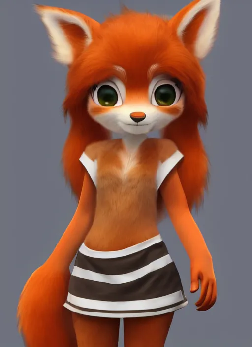 Prompt: female furry mini cute style, character adoptable, highly detailed, rendered, ray - tracing, cgi animated, 3 d demo reel avatar, style of maple story and zootopia, maple story fox girl, orange fox, dark skin, cool clothes, soft shade, soft lighting